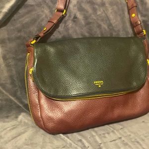 Fossil Preston leather two tone  flap messenger crossbody shoulder bag boho
